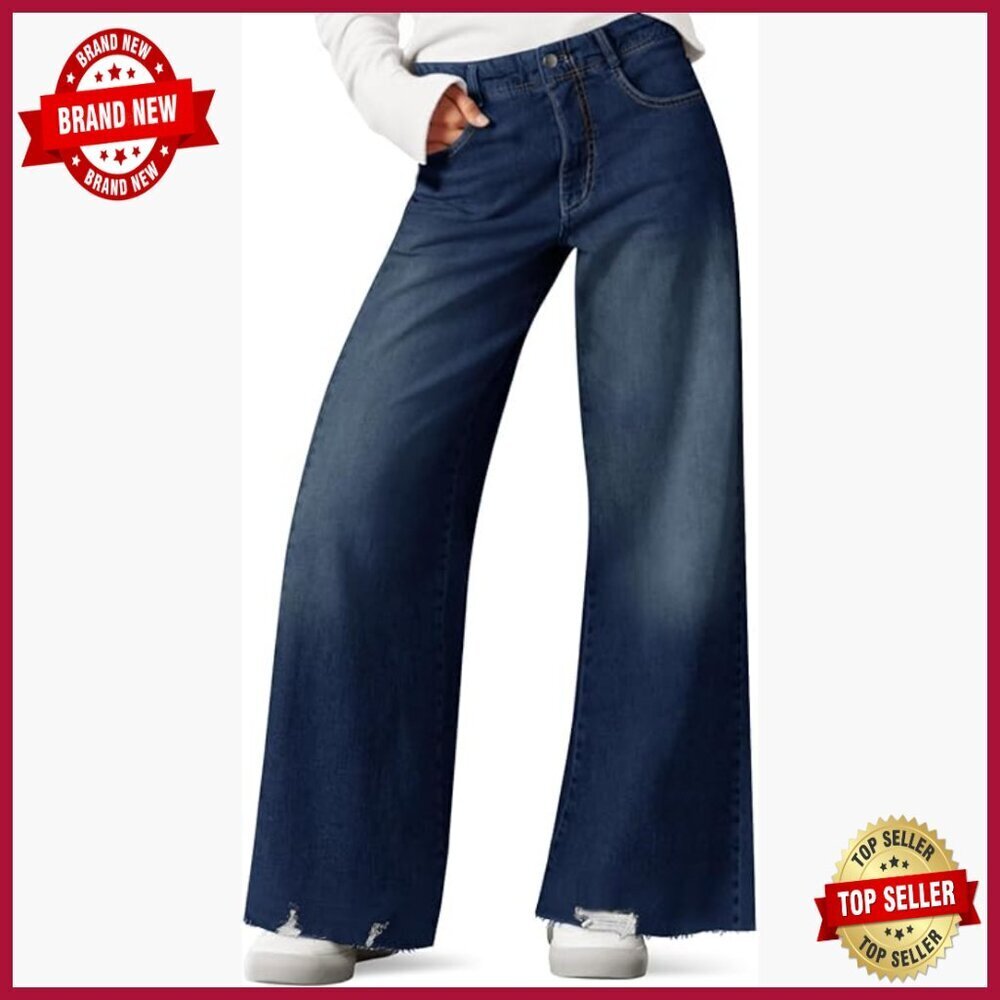 High Waisted Wide Leg Distressed Hem Jeans Casual Loose Fit Denim Pants